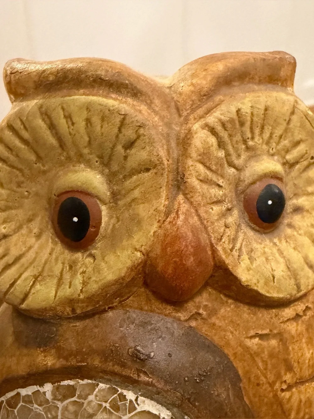 Vintage MCM Ceramic Owl Figurine 5.5” Earth Tone Crackle Glass Mosaic Wing Retro
